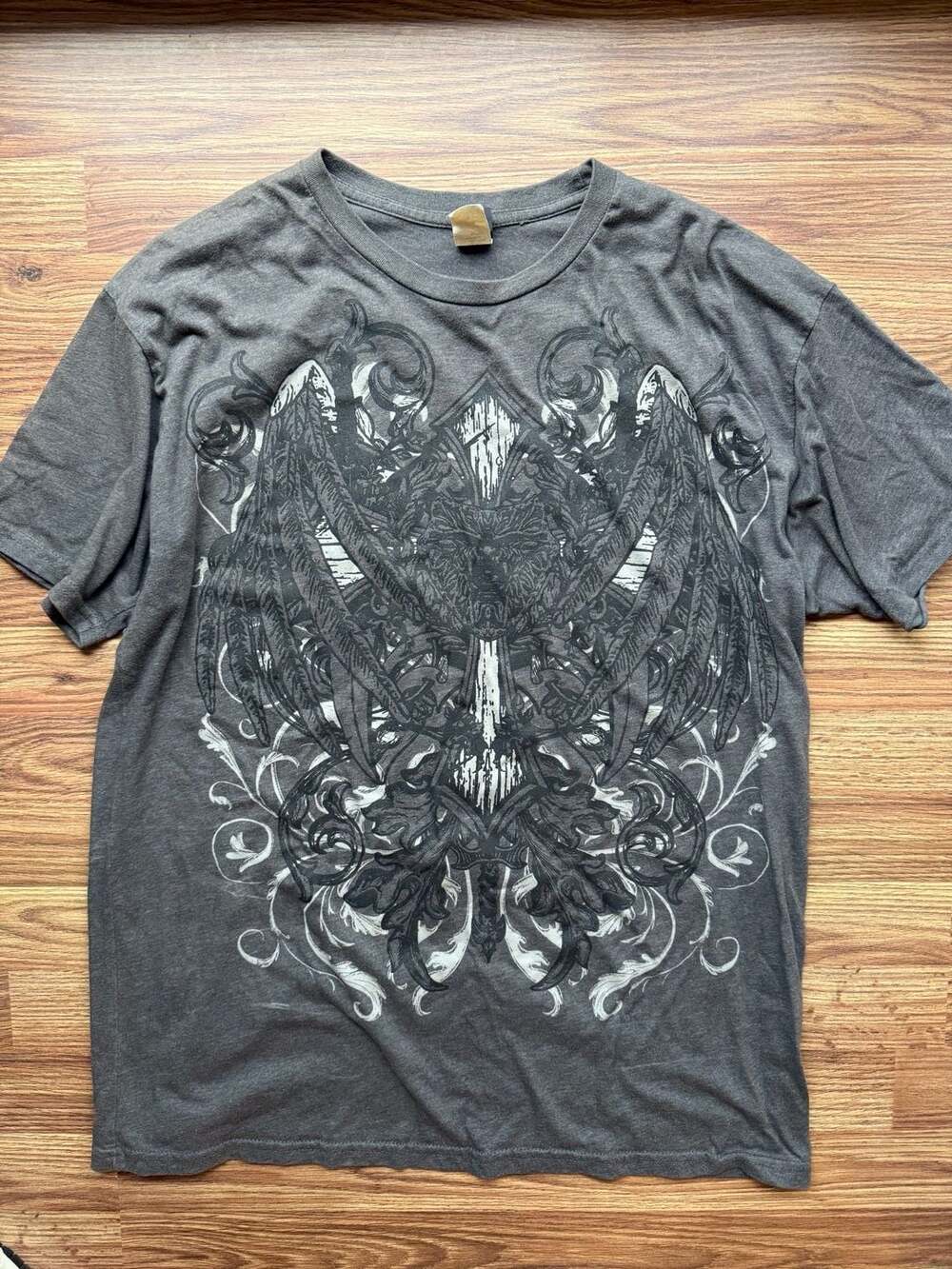 Vintage Y2K Grunge Cyber Wings Cross Graphic T-Shirt Charcoal Gray XL